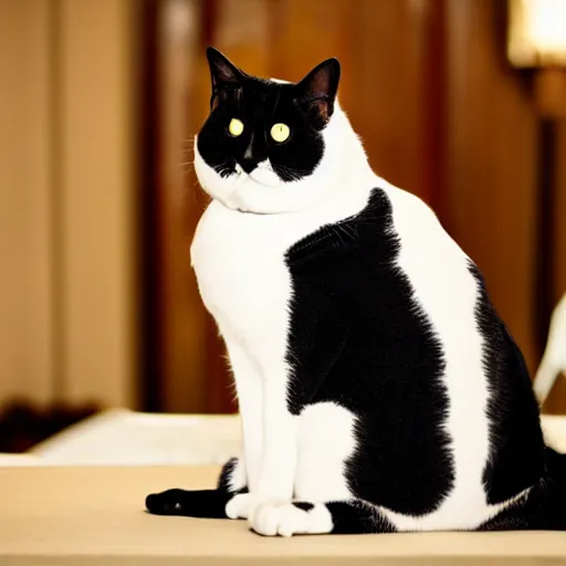 Prompt: a very fat and judgmental cat wearing a full tuxedo sitting in a dimly lit parlor lounge