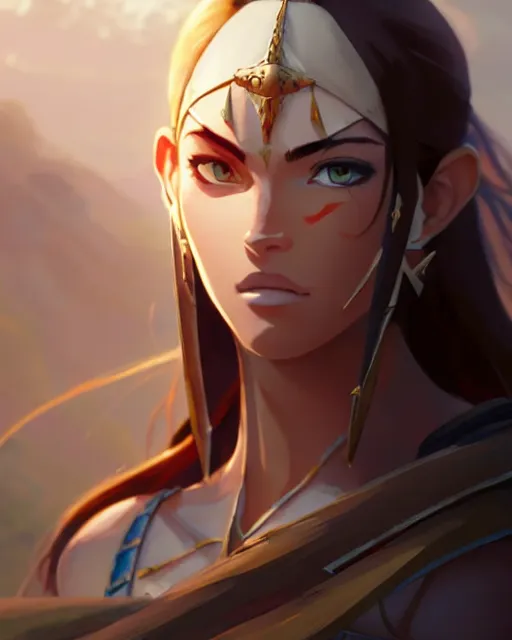 Prompt: azctec warrior, megan fox, gemstone forehead, detailed perfect face, exquisite details, fire magic, mid view, design on a white background, by studio muti, greg rutkowski makoto shinkai takashi takeuchi studio ghibli