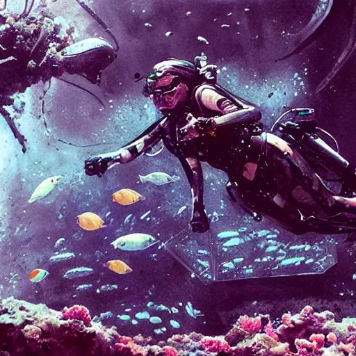 Image similar to woman diving in an alien aquarium, kelp, coral, solar rays, cyberpunk, realistic, detailed, Industrial Scifi, paint, watercolor, in the style of Ashley Wood and Wadim Kashin