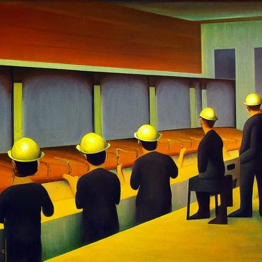 Image similar to hydroelectric dam interior, turbines, workers in hardhats, grant wood, pj crook, edward hopper, oil on canvas