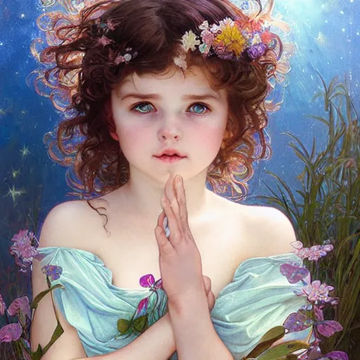 Prompt: a cute little girl with a round cherubic face, blue eyes, and short curly light brown hair floats underwater with stars all around her. She is wearing a colorful dress. Beautiful painting by Artgerm and Greg Rutkowski and Alphonse Mucha