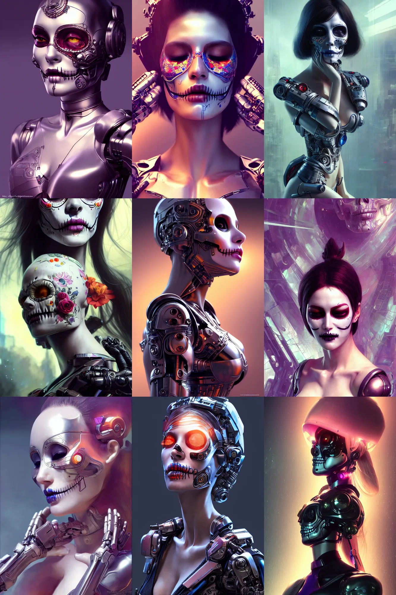 Prompt: beautiful android woman, eyes closed, photorealistic, 3 d model, cyborg, postcyberpunk, octane render, concept art, vogue, 8 k, intricate detailed environment ( ( el dia los muertos ) ). by terry oneill and artgerm and kuciara and mucha