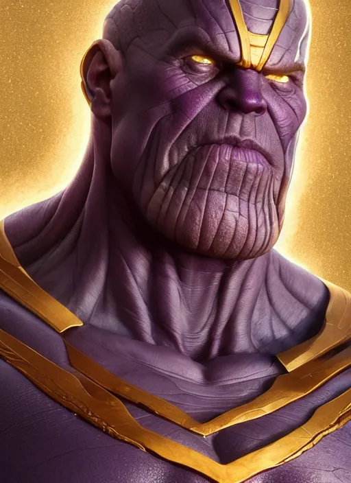 Image similar to thanos, au naturel, hyper detailed, digital art, trending in artstation, cinematic lighting, studio quality, smooth render, unreal engine 5 rendered, octane rendered, art style by klimt and nixeu and ian sprigger and wlop and krenz cushart