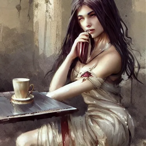Image similar to pretty roman girl drinking coffee, extremely long hair, epic fantasy art by Greg Rutkowski
