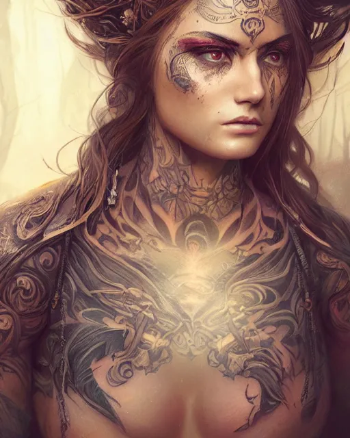 Prompt: a tattooed beautiful female warrior wearing a magical leotard in a magical forest, hyper realistic face, beautiful eyes, fantasy art, in the style of greg rutkowski, illustration, epic, fantasy, intricate, hyper detailed, artstation, concept art, smooth, sharp focus, vibrant, cinematic