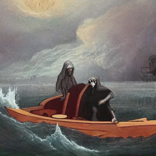 Image similar to charon and a banker in a reaper boat in the river styxx with submerged buildings in the background