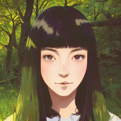 Prompt: Character portrait of a young beautiful woman in a lush park, beautiful face, long dark hair with bangs, highly detailed, cel shading, Studio Ghibli still, by Ilya Kuvshinov and Akihiko Yoshida