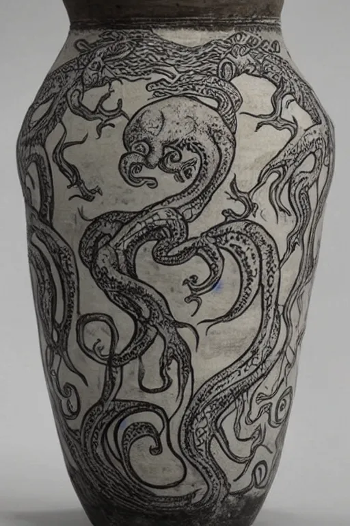 Prompt: A greek amphora with Cthulhu drawings on it, outstanding, high quality, highly detailed, award-winning