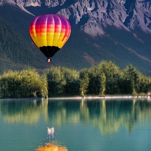 Image similar to photo of two black swans touching heads in a beautiful reflective mountain lake, a colorful hot air balloon is flying above the swans, hot air balloon, intricate, 8k highly professionally detailed, HDR, CGsociety