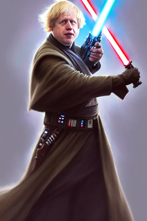 Prompt: Boris Johnson as a Jedi from Star Wars, Union Jack light saber, realistic portrait, symmetrical, highly detailed, digital painting, artstation, concept art, smooth, sharp focus, illustration, cinematic lighting, art by artgerm and greg rutkowski and alphonse mucha