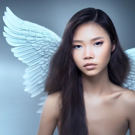 Prompt: beautiful female angel, Philippine, asymmetrical face, ethereal volumetric light, sharp focus