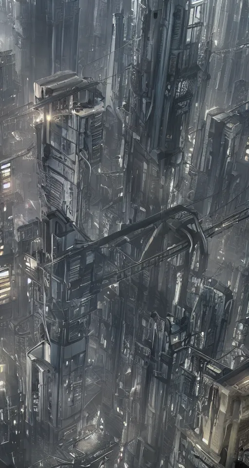 Image similar to megabuilding in futuristic city, in style of dieselpunk, detailed, sharp, 8 k