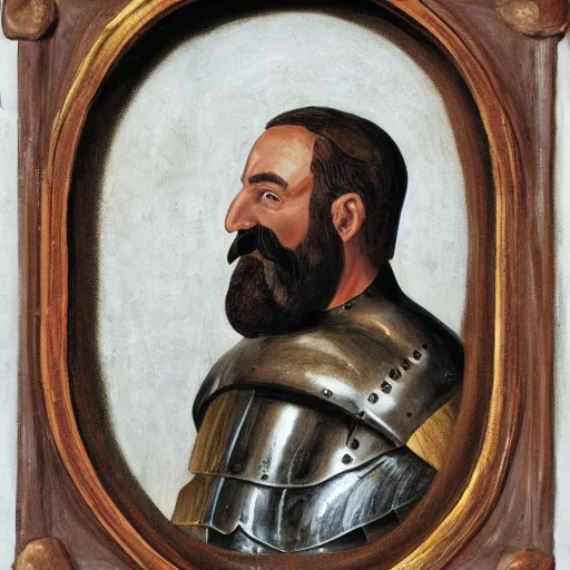 Prompt: portrait of a Man with a large moustache dressed in medieval armour. detailed, Realistic.