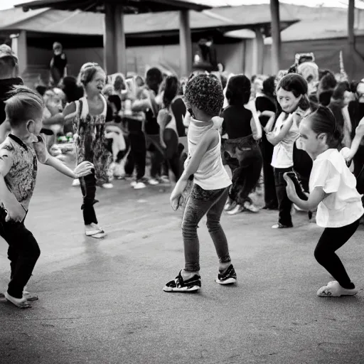 Prompt: kids dancing en black lakes