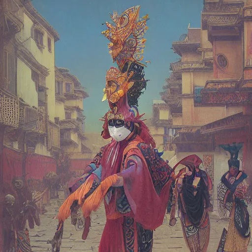 Image similar to study of masked Byzantine Tang Dynasty dancers on the art deco streets of the Undying Empire city of ya-Sattra during the Festival of Masks, award-winning realistic sci-fi concept art by Beksinski, Bruegel, Greg Rutkowski, Alphonse Mucha, and Yoshitaka Amano