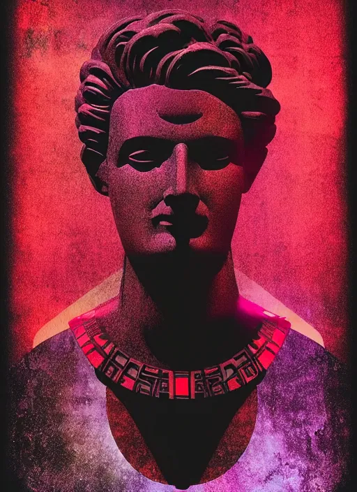 Image similar to black background with subtle red and purple design elements, mostly dark, statue of zeus, nekro, graphic design, collage art, thin lines, dark, glitch art, neo vaporwave, gritty, layout frame, square, trending on artstation