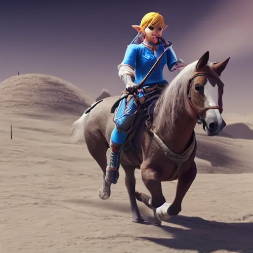 Prompt: zelda riding a horse on moon, detailed realistic face, hyper realistic, 4 k octan render, unreal 5