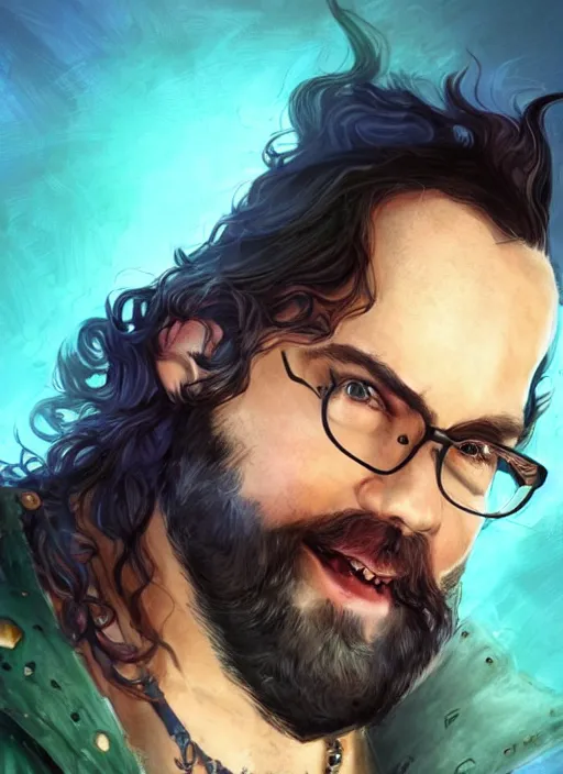 Prompt: chubby male with black wavy hair and glasses and beard, dndbeyond, bright, colourful, realistic, dnd character portrait, full body, pathfinder, pinterest, art by ralph horsley, dnd, rpg, lotr game design fanart by concept art, behance hd, artstation, deviantart, hdr render in unreal engine 5