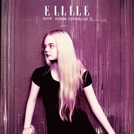 Prompt: elle fanning behind frosted glass, metal album cover,