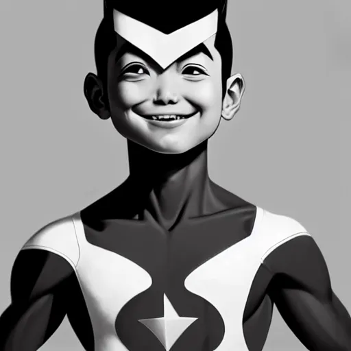 Prompt: wide angle portrait of Astroboy with a charming smile, monochrome color, heroic pose, mid-shot, shadowy area, studio lighting, award winning, artstation, concept art, digital painting, Unreal Engine 5, 8K, art by artgerm and greg rutkowski and alphonse mucha