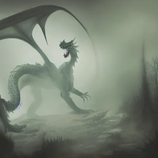 Image similar to a ghostly dragon staring menacingly in a foggy forest concept art, intricate, highly detailed, ultra realistic