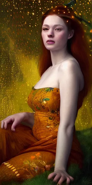 Image similar to an marveled young woman surrounded by golden firefly lights in a mesmerizing scene, sitting amidst nature fully covered, intricate detailed dress, long loose red hair, precise linework, accurate green eyes, small nose with freckles, smooth oval head, expressive emotions, hyper realistic ultrafine portrait by artemisia gentileschi, jessica rossier, artgerm