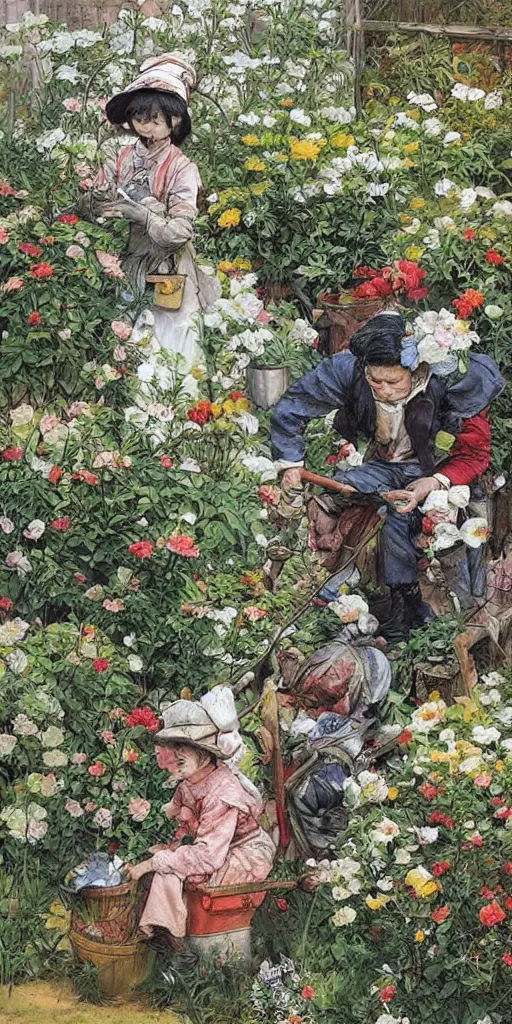 Image similar to oil painting scene from gardeners in the flower garden by kim jung gi