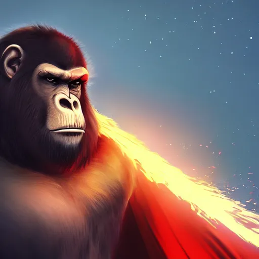 Image similar to fury art, an anthro ape wearing a large cape, exploding background, 3 d, 8 k, extremely detailed, trending on furaffinity, trending on artstation, award winning, sharp focus, illustration