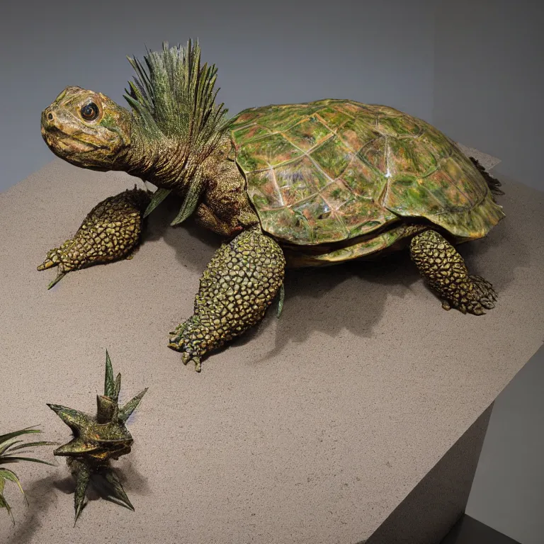 Prompt: hyperrealistic sculpture of a bronze fossilized ancient pineapple snapping turtle sprayed with saffron and deep blue and grass green spraypaint in a grid cage on a pedestal by ron mueck and duane hanson and lee bontecou, hyperrealistic dramatic colored lighting trending on artstation 8 k