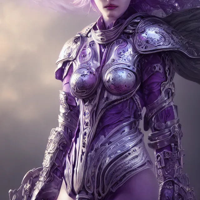 Image similar to close facial portrait of a pale woman in futuristic leather armor with a flowing purple, elegant, stoic, intense, ultrafine hyperdetailed illustration by kim jung gi, irakli nadar, intricate linework, sharp focus, bright colors, octopath traveler, final fantasy, hearthstone, highly rendered, global illumination, radiant light, detailed, intricate environment