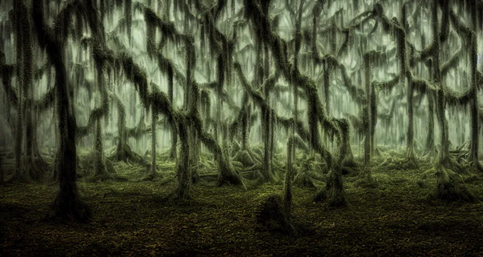 Image similar to A dense and dark enchanted forest with a swamp, by 500px