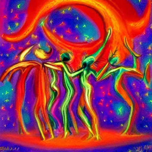 Prompt: beautiful desert djinn dancing under 3 moons abstract fantasy