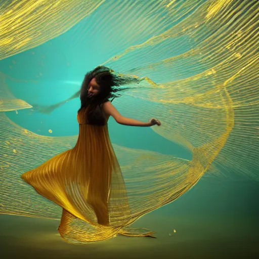 Prompt: woman dancing and spinning underwater while wearing a long dress made of many layers of translucent golden fabrics flowing in the fast current, hundreds of tiny bubbles in the foreground somewhat obscure and blur her body, coral sea bottom, swirling schools of silver fish, bubbles, swirling smoke shapes, octane render, caustics lighting from above, cinematic