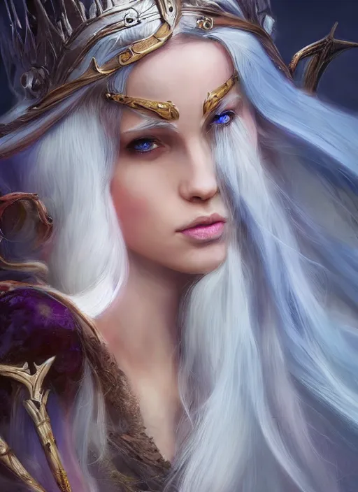 Image similar to Elf queen with long white hair, fantasy, medieval, vivid colors, fantasy, elegant, concept art, sharp focus, beautiful face!!, digital art, Hyper-realistic, 4K, Unreal Engine, Highly Detailed, HD, Dramatic Lighting by Brom, trending on Artstation