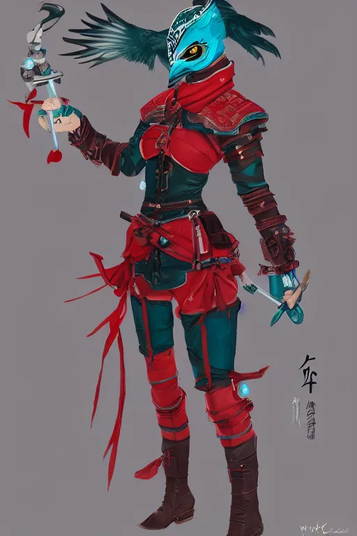 Image similar to female adventurer in tight full - body teal leather armor of japanese design with red accents and a white porcelain crow mask, trending in artstation, japanese, artstation, big moon in the background, establishing shot