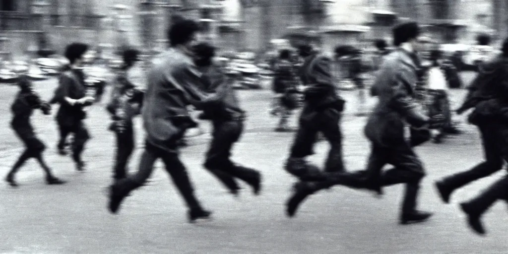 Image similar to street photography, revolution, street, city, blurred people running from tanks, closeup, film photography, 1 9 8 0 s, exposed b & w photography, robert capa photography, henri cartier - bresson photography