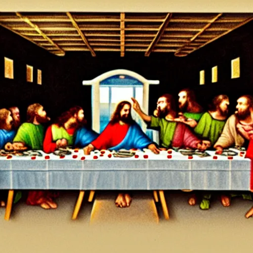 Image similar to jesus christ the last supper pizza party