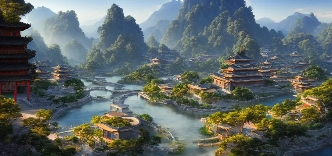 Image similar to epic view of beautiful ancient chinese city, clear blue skies, winding rivers, there are mountains and hills in the far background distance, unreal engine, dramatic lighting, detailed, ambient occlusion, global illumination, god rays, 3 d artstation render by greg rutowski and jessica rossier