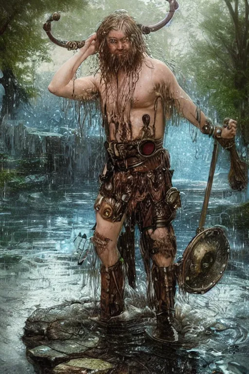 Prompt: portrait of a steampunk viking man, drenched body, wet dripping hair, emerging from the water, fantasy, regal, fractal crystal, fractal gems, by stanley artgerm lau, greg rutkowski, thomas kindkade, alphonse mucha, loish, norman rockwell.