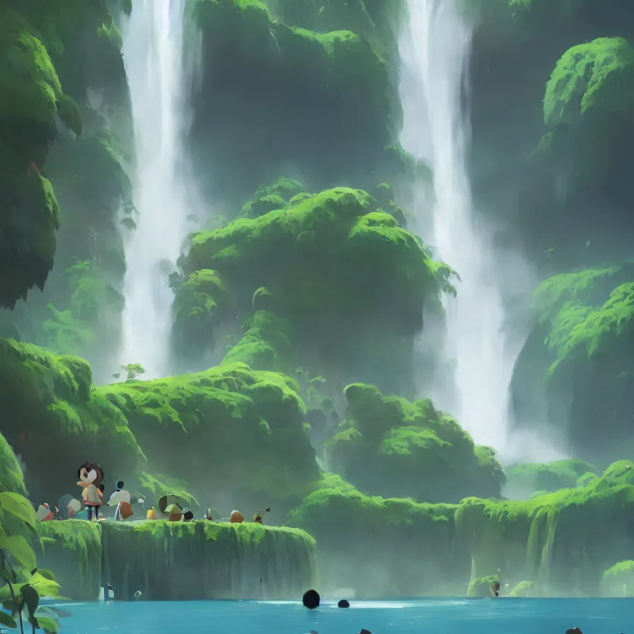 Image similar to Goro Fujita illustrating Front view of a gigantic waterfall surrounded by the Amazon, concept art, sharp focus, ArtStation