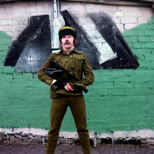 Image similar to irish republican army soldier posing next to a mural in belfast in the 1 9 7 0 s, 8 k detail