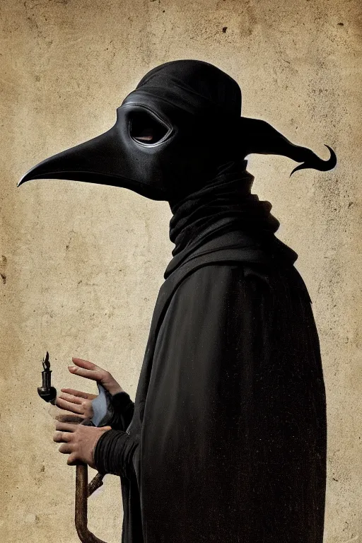 Image similar to A fancy portrait of a Plague Doctor with a beak like mask on in a medieval village by Greg Rutkowski, Sung Choi, Mitchell Mohrhauser, Maciej Kuciara, Johnson Ting, Maxim Verehin, Bloodborne, 8k photorealistic, volumetric lighting, HD, high details, dramatic, dark atmosphere, trending on artstation