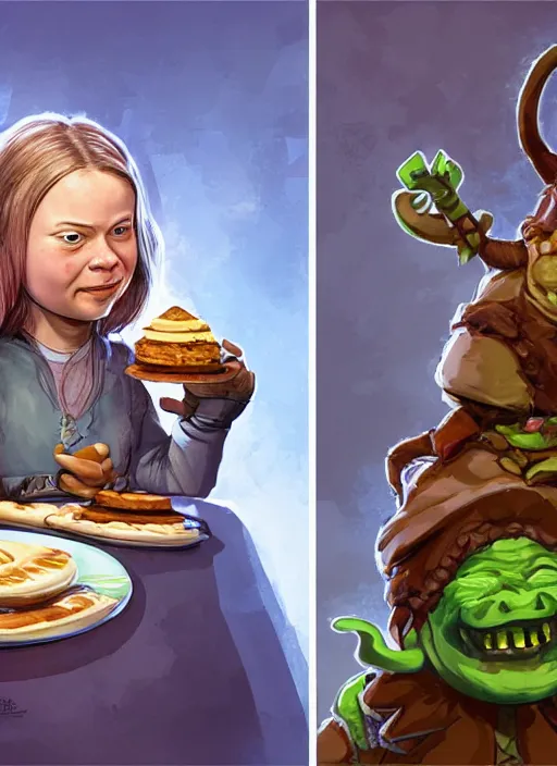 Image similar to greta thunberg as a medieval goblin eating cakes, detailed digital art, trending on Artstation