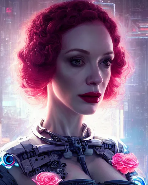 Image similar to portrait of christina hendricks with roses, cyberpunk cyborg. roses, sci - fi, intricate abstract upper body intricate artwork, by tooth wu, wlop, beeple, dan mumford. concept art, octane render, deviantart, greg rutkowski, cinematic arthouse, key art, hyper realism, iridescent accents