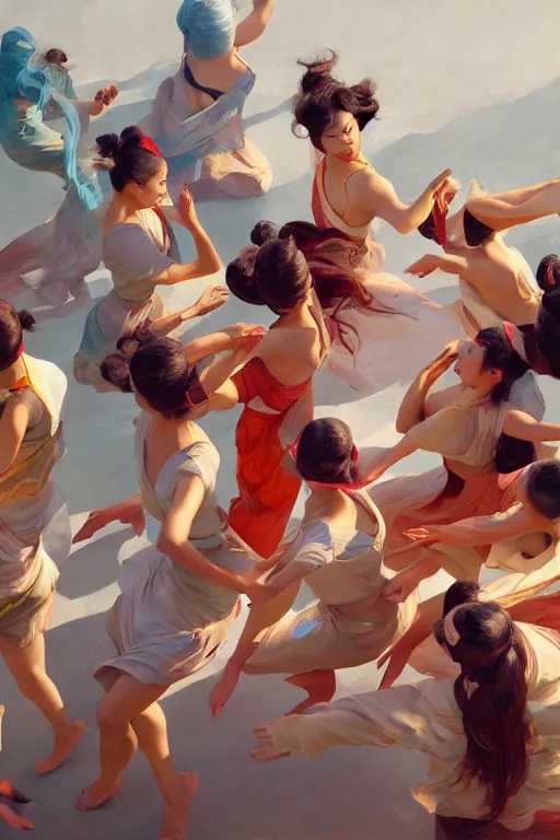 Prompt: greg manchess top angle shot of group of asian females dancing, organic painting, sunny day, matte painting, bold shapes, hard edges, street art, trending on artstation, by huang guangjian and ail elvgren and sachin teng, 8 k, high detail, fantasy art, dnd, artstation,