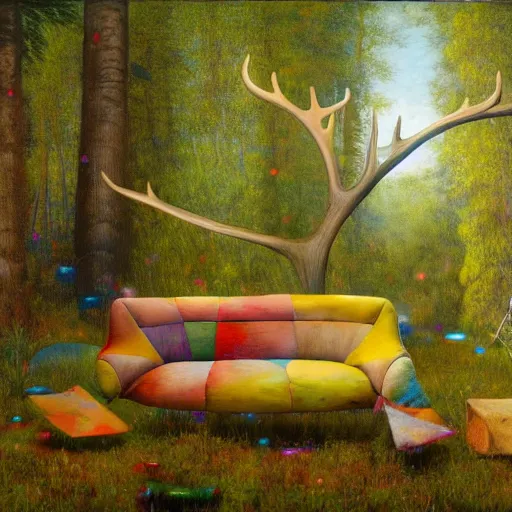 Image similar to psychedelic couch sofa in the lush pine forest, milky way, moose antlers, designed by arnold bocklin, jules bastien - lepage, tarsila do amaral, wayne barlowe and gustave baumann, cheval michael, trending on artstation, star, sharp focus, colorful refracted sparkles and lines, soft light, 8 k 4 k