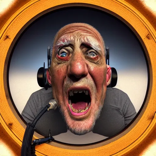 Prompt: a profile picture, old man screaming into camera, fish eye lens, deep wrinkes!!!!!, old,, trending on artstation, scary, funny, highly detailed, 8 k,