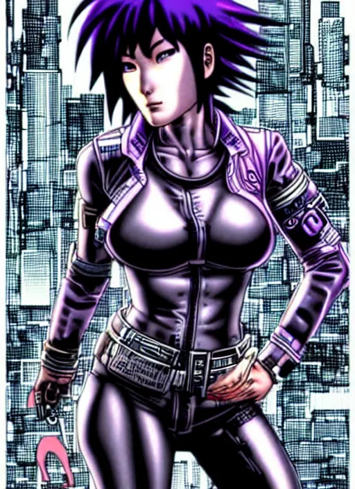 Image similar to motoko kusanagi in grungy cyberpunk megacity, intricate and finely detailed, cyberpunk vaporwave, portrait by j scott campbell