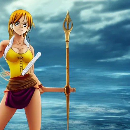 Image similar to emma watson as nami from one piece holding a trident in one hand, award winning photography, cinematic, 50 mm, trending on Twitter