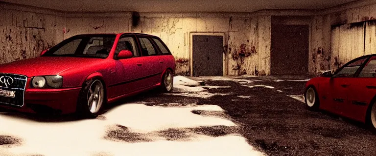 Prompt: Audi A4 B6 Avant (2002), a gritty neo-noir, dramatic lighting, cinematic, eerie person, death, homicide, homicide in the snow, viscera splattered, gunshots, bullet holes, establishing shot, extremely high detail, cracked windows, photorealistic, arson, makeshift grave, burial site, cinematic lighting, artstation, by simon stalenhag, Max Payne (PC) (2001) winter New York at night, In the style of Max Payne 1 graphic novel, flashing lights, Poets of the Fall - Late Goodbye